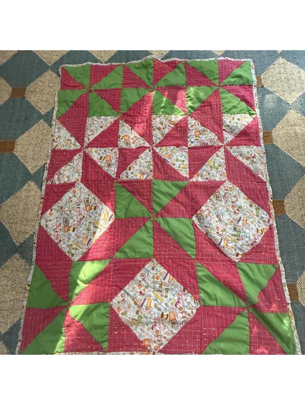 Handmade vintage Pink and green quilt with novelty y2k print diamond-shaped